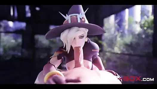 Witch Mercy şehvetli bir şekilde büyük yarağı yalıyor