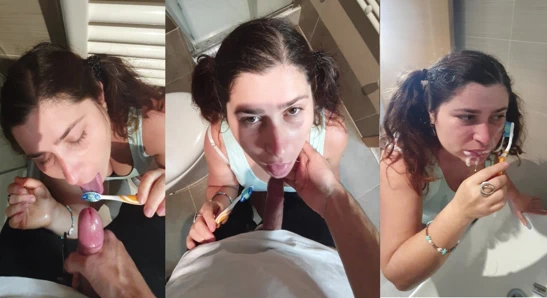 Aptal üvey kız dişlerini dölle fırçalıyor, üvey baba onu aldattı