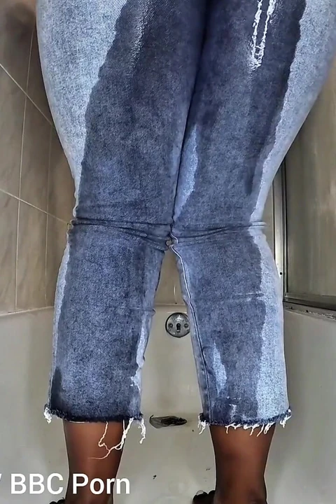 Desperate for Wee in the Bathroom Pissing in My Blue Jeans