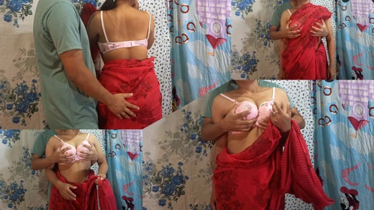 Desi Indian Newly Married Bhabhi Wearing Red Saree and Fucking in Doggy Style by Pulling her Long hair