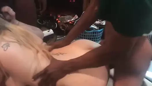 FIRST GANGBANG FUCKED IN ALL WHOLES AND SWALLOWS ALL