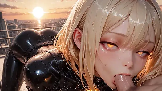 Vega Stone zeminini şehrin üstünde tutuyor, kaslar kuruldu, turuncu gökyüzü şiddetli bakışını tutuşturuyor - ai generated