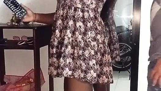 My neighbor welcomes me in a mini dress