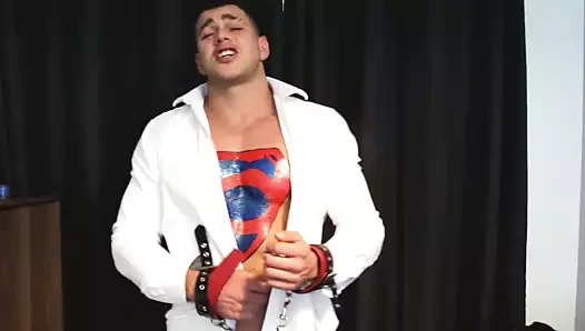 Seksi spandex superman muscle iri parça mağlup için boşalmak