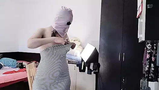 Hot wife has fun trying on clothes she cuts. Sexy mom dances naked at home