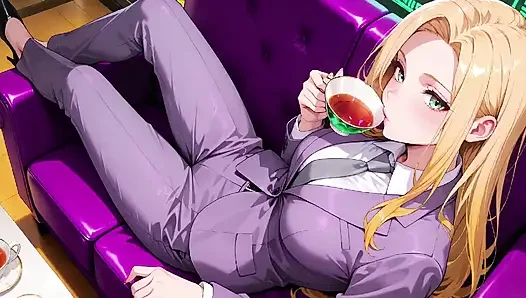 Blonde Boss in Purple Suit! Office Train Private Moments. She's Multitasking with Files While Secretly Adjusting Her Skirt...