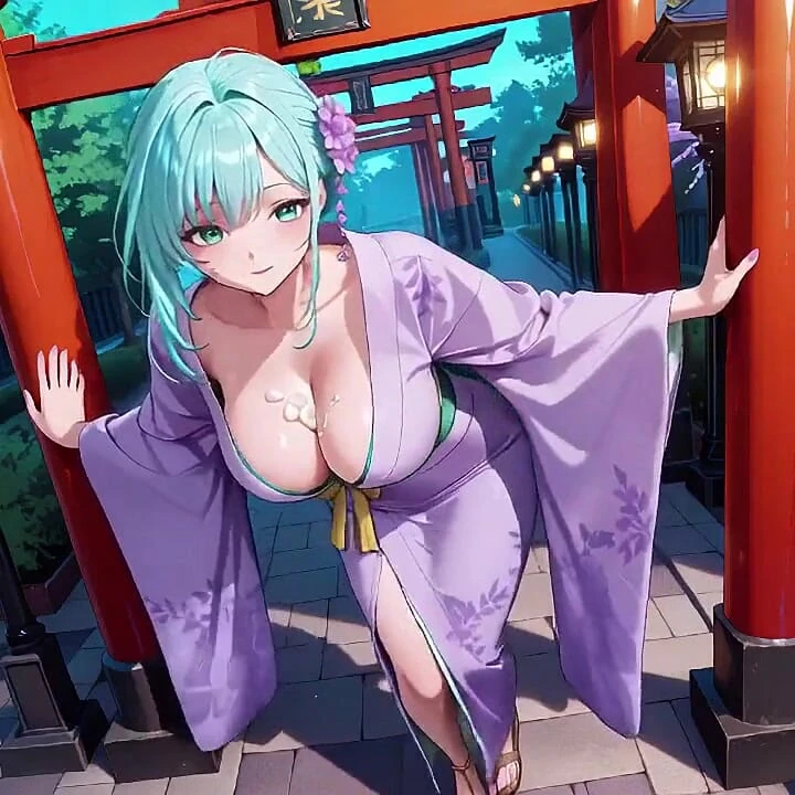 Mor kimono tanrıçası! Kırmızı Torii kapısının altındaki ıslaklığı kaldıramıyorum