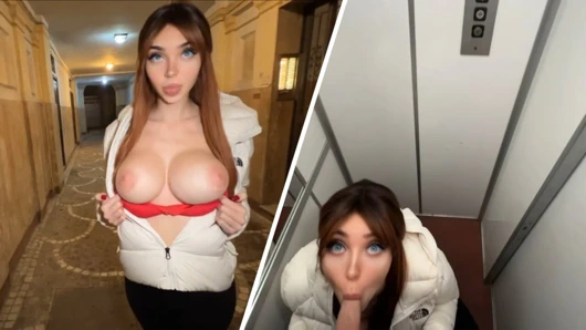 BIG Tits Redhead Seduce him on the street and did Quickie Blowjon in Elevator