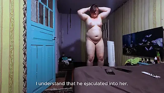 Naked Curvy Brunette on Vibration Platform Reads Comments with English Subtitles