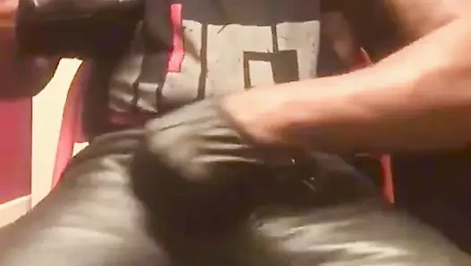 Black Dad Leather Jeans & Gloves BBC Rubbing to Ejaculation