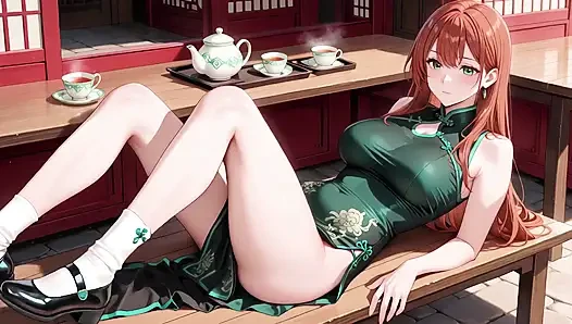 Kızıl saçlı ve zümrüt qipao! Doğu avlusunda tembel baştan çıkarma