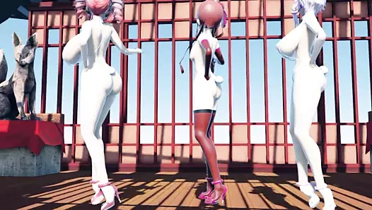 Üç ateşli seksi kız çıplak dans ediyor.