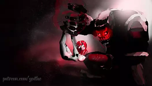 Yoithe tüylü inek bir devin önünde büyük göğüslerini sallıyor