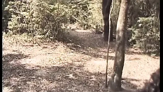 Biker boy fucks two bitches in the woods