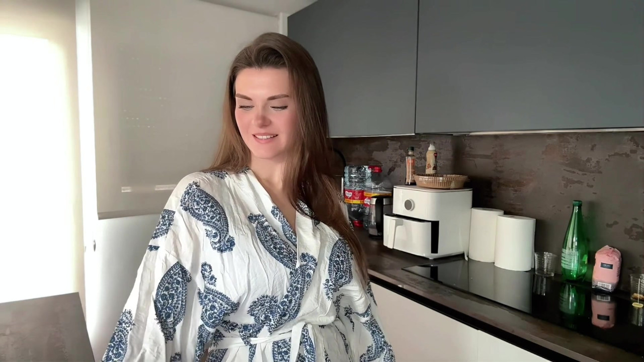 Busty Step Mother Seduces Step Son in the kitchen , shows him milky tits and masturbates big cock