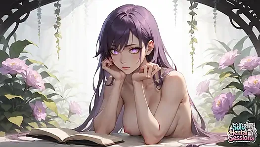 Violet Hair Goddess güneşli tapınakta sabah kahvesi içiyor