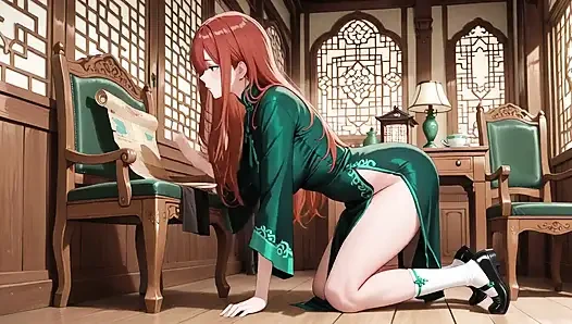 Kızıl saçlı ve zümrüt qipao! Doğu avlusunda tembel baştan çıkarma