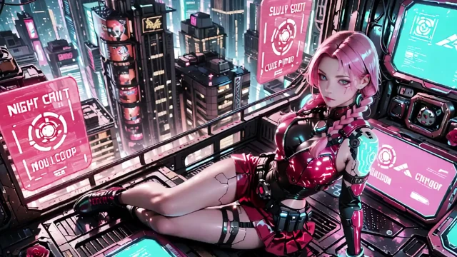 Pembe saçlı Mekanik Savaşçı! Neon sokaklarda diz çökmüş, Kırmızı Gül & Soğuk Zırh Kontrastı, Parmak uçları köprücük kemiklerini okşuyor.
