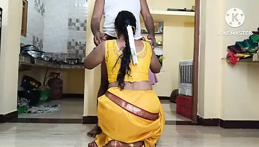 Yellow colour saree housewife with step brother
