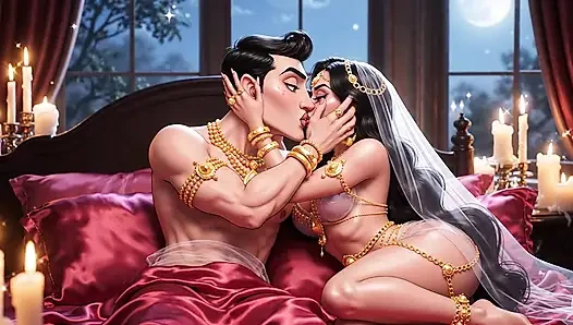 Erotik çizgi film çift - tutkulu öpüşme ve mum ışığında romantik ön sevişme