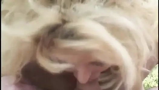 Sarışın orta yaşlı seksi kadın düzgünce tıraşlı amcık bir adam tarafından çim sandalyesinde sikiliyor