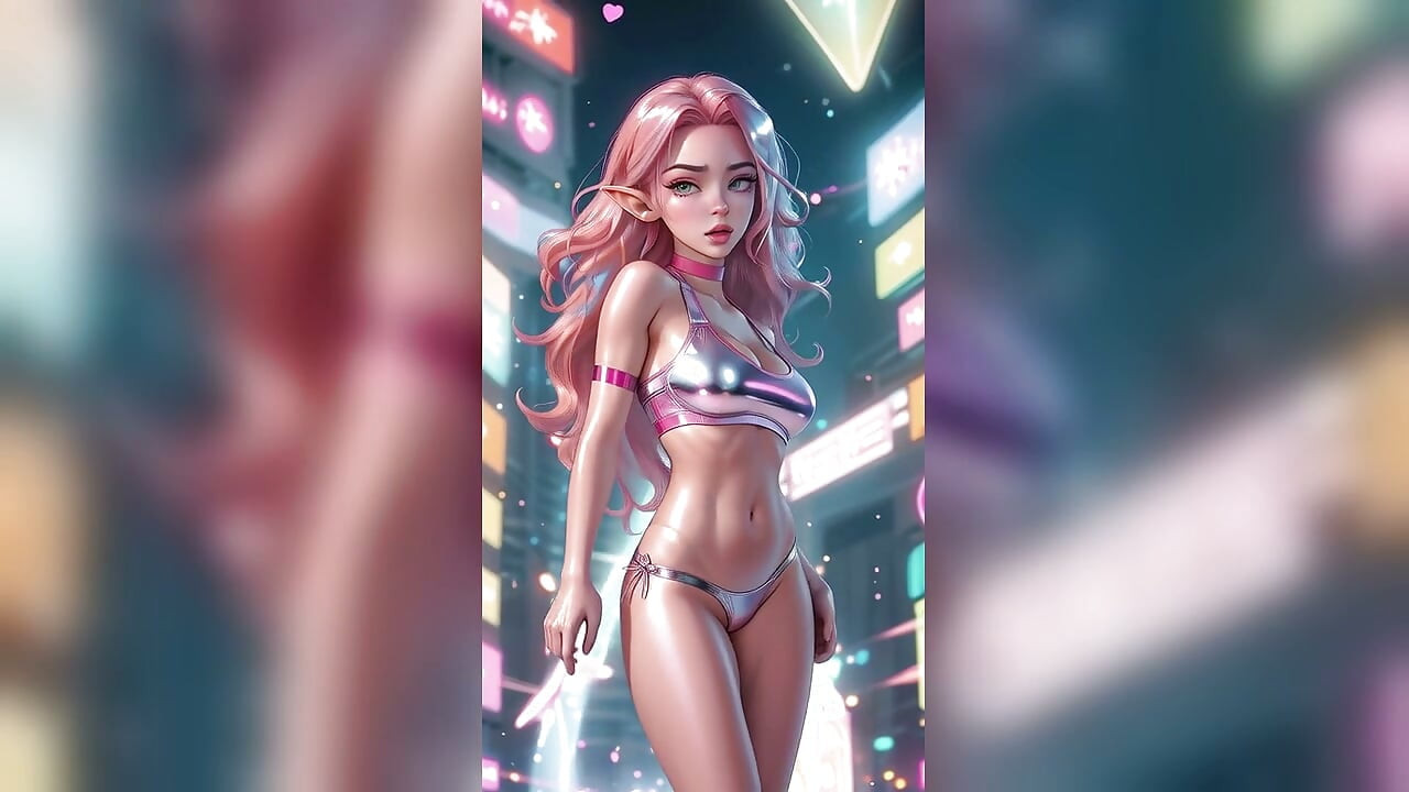 Pembe Saçlı Elf Gümüş Bikini Neon Şehir Dansı - Seksi AI Bebekleri