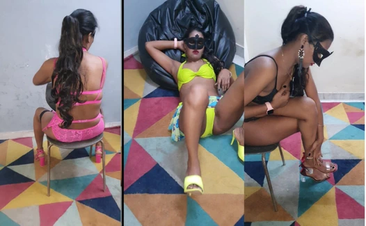 Amcığımla eğlenirken yüksek topuklu koleksiyonumu ve seksi elbisemi gösteriyorum