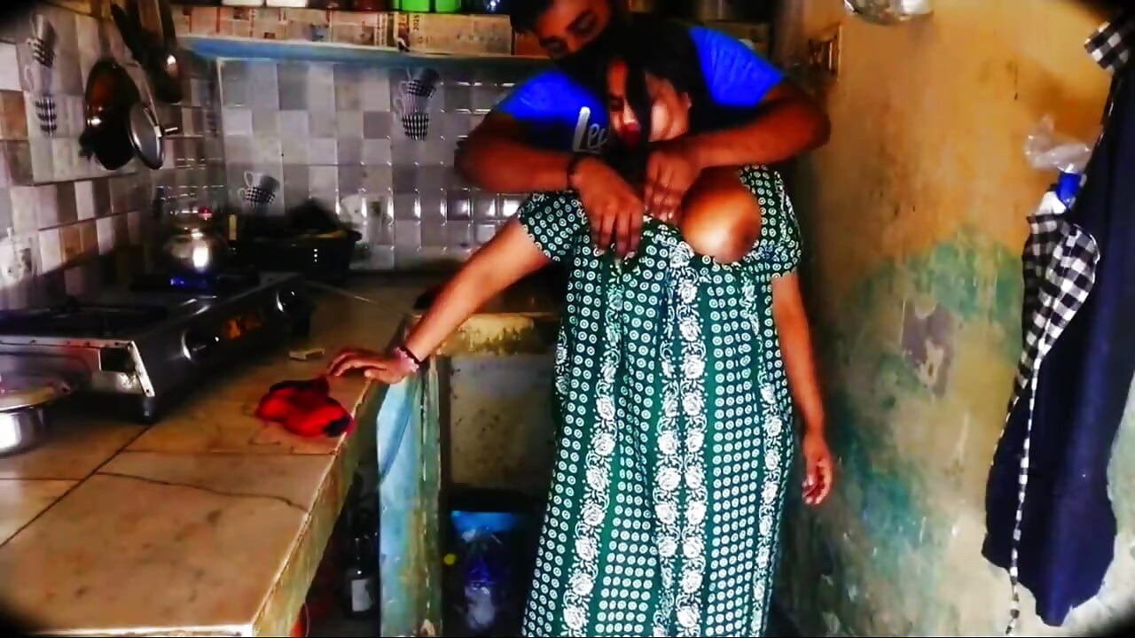 Aunty Was Working in the Kitchen When the Neighbor Boy Came and Started Pressing Her Big Soft Boobs