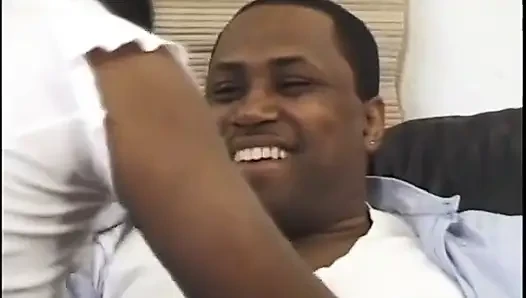 Black stud fucks ebony whore's shaved pussy then shoots load on her torso