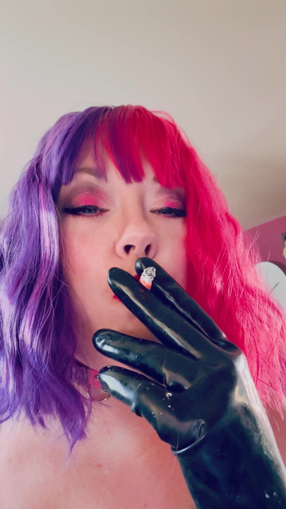 Chubby Cougar Tina Snua Smokes A Cork Tipped Cigarette In Latex Gloves - | Clip 1