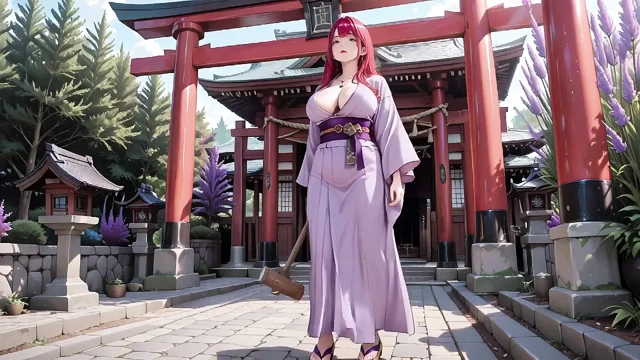 Kızıl saçlı kimono tanrıçası! Kutsal torii kapısının altında diz çöküp, sırılsıklam sırtsız kıyafetini utangaç bir bakışla ayarlıyor.