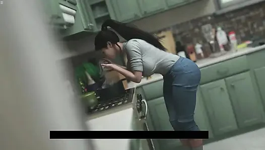 Japanese Stepmom Showing Big Boobs Cleavage While She Cooking In Kitchen