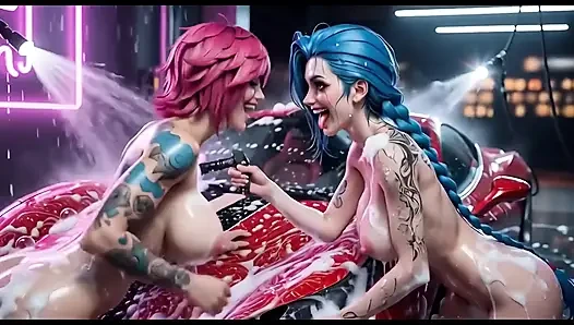 Jinx ve ben kırmızı Ferrari'yi ıslak ve köpüklü yıkanırken gördük