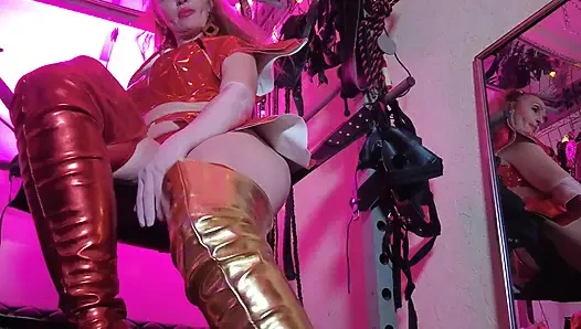 BDSM Mistress Pvc Altın Kırmızı Vinil Oyuncaklar Sik Fetiş Botlar Femdom