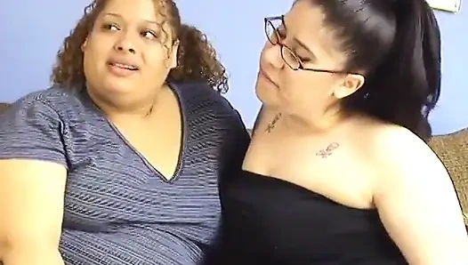 Horny fatso gets pussy fingered and fucked by strap on