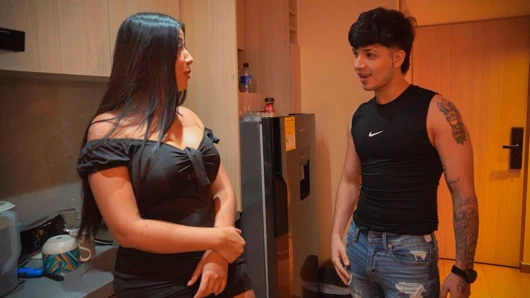 Brunette MILF welcomes her daughter's boyfriend in the best way possible after seeing his big cock