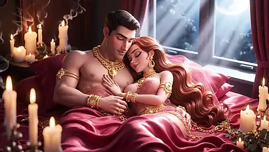 Erotik çizgi film çift - tutkulu öpüşme ve mum ışığında romantik ön sevişme