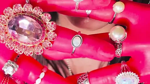 Hepsi pembe! Muhteşem sigara içen Tina Snua pembe lateks eldivenler giyiyor ve yüzükler ve senin için bir sigara içiyor