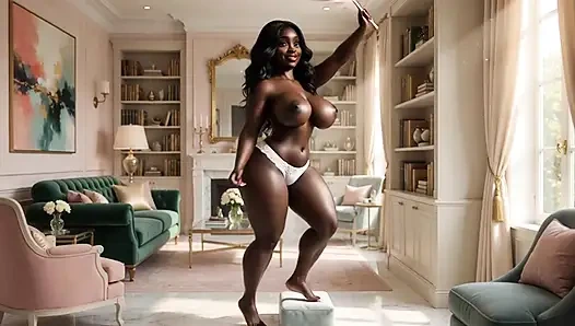 Çarpıcı tombul zenci olgun orta yaşlı seksi kadın sadece minik beyaz külot giyerek lüks modern evini şehvetli bir şekilde temizliyor