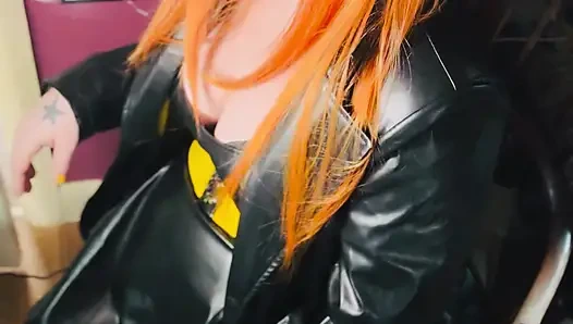 The Gothic Cutie Tina Snua Dressed In a Leather Coat & Smoking A Cork 100 Cigarette - Ginger Miss Smokes In A Leather Outfit OME