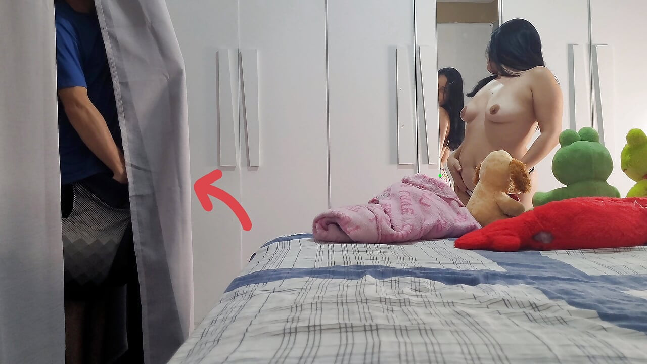 The stepfather really wanted to see his stepdaughter naked! But she catches him masturbating behind the curtain