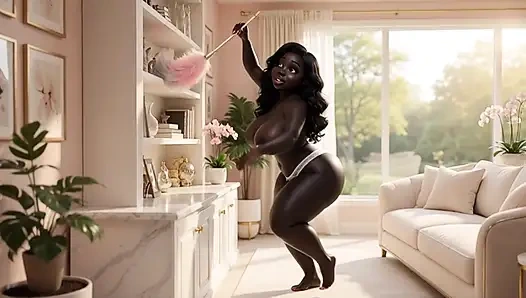 Çarpıcı tombul zenci olgun orta yaşlı seksi kadın sadece minik beyaz külot giyerek lüks modern evini şehvetli bir şekilde temizliyor