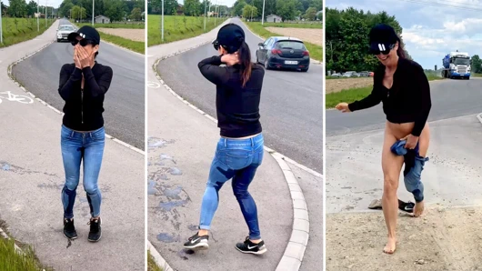 Halka açık işeme Blooper. Yoldan geçen arabalara yakalandı! Zamanlama Başarısız