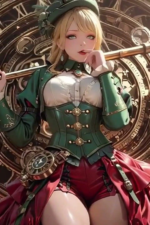 Steampunk sarışın sekreter! Dev dişlilerin ortasında tembel pozlar