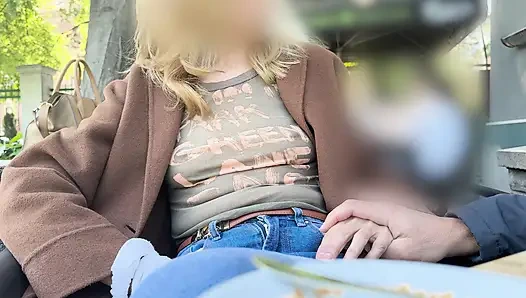 Teasing my husband in a sheer shirt exposing big pierced nipples in oudoor coffee place