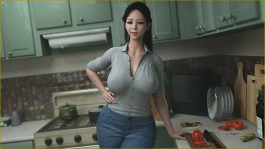 Japanese Stepmom Showing Big Boobs Cleavage While She Cooking In Kitchen