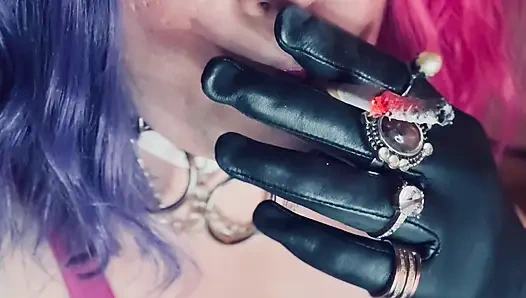 Your Sweetheart Tina Snua Smoking A Cork 100 Cigarette Wearing A Leather Dress & Gloves With Rings - Smoke