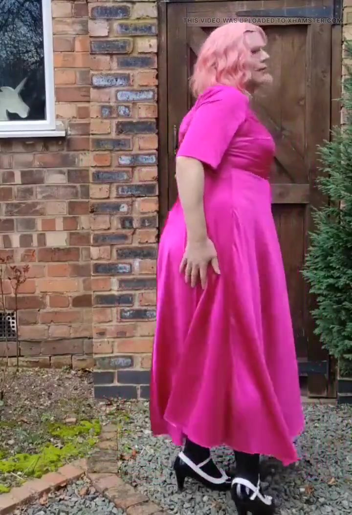 Sexy crossdresser hot pink full length satin