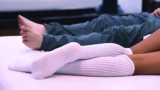 The stepsister and her brother's former music teacher go to the apartment to fuck.