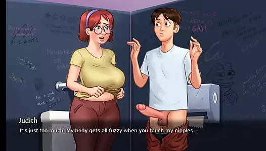 Summertimesaga büyük memeli üvey anne duşta ve Judith'in göğüsleriyle oynuyor